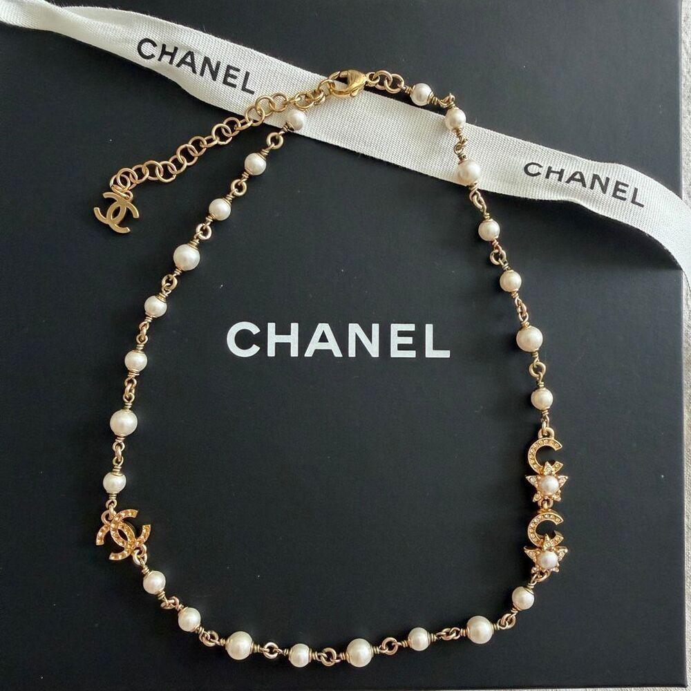 Chanel 24C Faux Pearl & Strass Station Chain Necklace